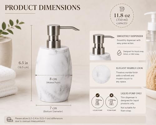 Clasin Home Resin Hand Soap Dispenser, Refillable Soap Dispenser with White Marble Look and Metallic Pump, Waterproof Bottle Labels for Bathroom Kitchen Dish Hand Wash Shower Lotion Shampoo (12 Oz) - color: White