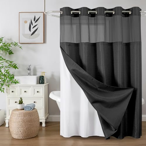 Colorful Star No Hook Shower Curtain with Snap in Fabric Liner, Waffle Weave Heavy Duty Thick Shower Curtains with Mesh Top Window, Hotel Style Waterproof Bathroom Curtain Set, 72 x 87 Inch, Black - color: Black, size: 72"W x 87"L (Pack of 1)