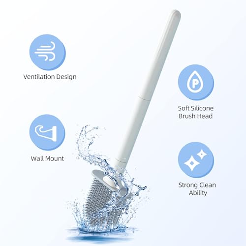 RV Silicone Toilet Brush with Holder, Drill-Free Wall Mounted Toilet Bowl Cleaner, Anti-Drip Anti-Roll Compact Brush for RV Camper & Small Bathroom (White 2pc) - color: White 2pc