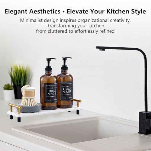 Soap Dispenser Set – 16oz Refillable Amber Glass Bottles with Brush Holder, Dish Scrub, Diatomite Tray, 12 Waterproof Labels – Brown Non-Slip Base for Home Upgrade, Rustic Farmhouse Style (Set of 6)