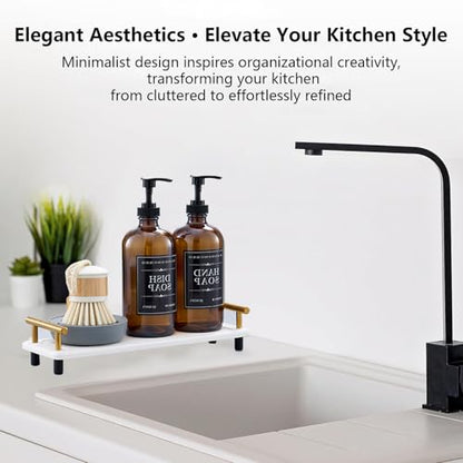 Soap Dispenser Set – 16oz Refillable Amber Glass Bottles with Brush Holder, Dish Scrub, Diatomite Tray, 12 Waterproof Labels – Brown Non-Slip Base for Home Upgrade, Rustic Farmhouse Style (Set of 6)