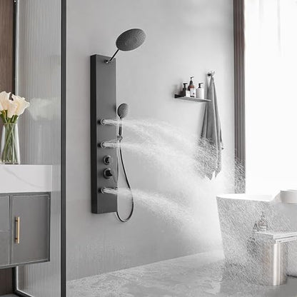 Rainfall Shower Panel Shower Tower System Adjustable Shower Head Round,Stainless Steel with 6 Body Jets Massage, 3 IN 1 Bathroom Shower Wall Mount, Black - color: Black