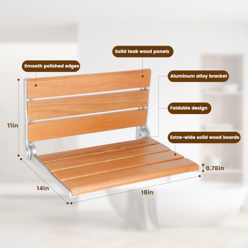 18" Wall Mount Shower Seat, Fold Down Bench for Inside Shower | Natural wood seat provides sturdy support for showering, home care and versatile living spaces - color: Yellow