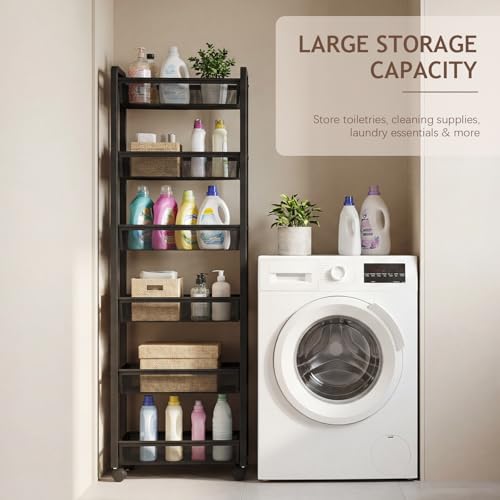 6 Tier Slim Rolling Storage Cart, Narrow Kitchen Storage Cart, Spice Rack Organizer with Wheels, Space Saving Shelf for Living Room, Laundry Room, Bathroom, Narrow Spaces
