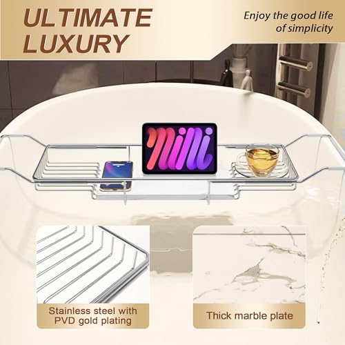Bathtub Tray Stainless Steel with Marble Base Chrome Bathtub Tray with White Marble Base Adjustable & Rustproof Bath Caddy for Spa, Relaxation, Bath Bombs - color: Chrome