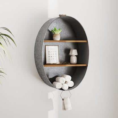 Oakrain Towel Rack with Wood Wall Shelves, Farmhouse Galvanized Wash Tub | Rustic Towel Holder, Decorative Hanging Shelf for Bathroom, Lavatory, Entryway - size: O-Oval