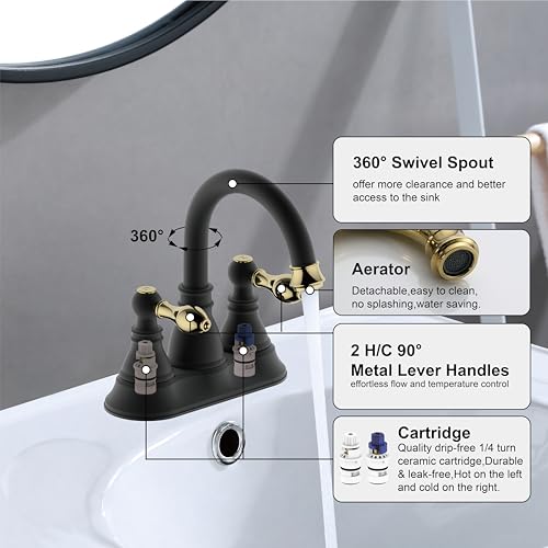 Matte Black with Brass 4 Inch Centerset Bathroom Faucet 3 Hole with Drain | Derengge High Arc Classic 2-Handle Bathroom Sink Faucet, Vanity Lavatory Faucet with 360° Swivel Spout,F-4501-MG - color: Matte Black with Polished Brass Trim