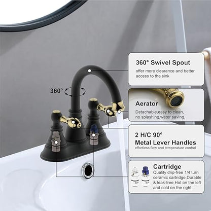 Matte Black with Brass 4 Inch Centerset Bathroom Faucet 3 Hole with Drain | Derengge High Arc Classic 2-Handle Bathroom Sink Faucet, Vanity Lavatory Faucet with 360° Swivel Spout,F-4501-MG - color: Matte Black with Polished Brass Trim