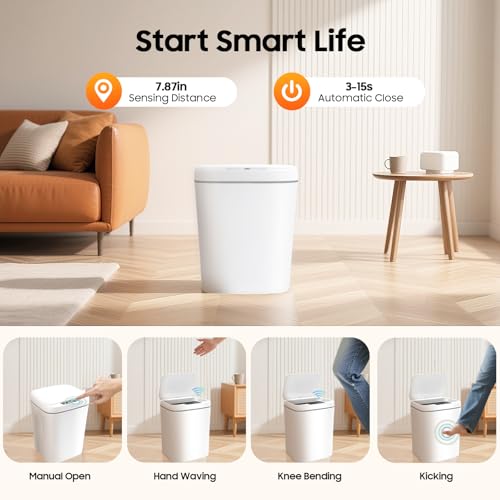 Touchless Trash Can 4 Gallon, Motion Sensor Automatic Trash Can with LED Light, IPX5 Waterproof Smart Waste Bin for Kitchen Bathroom Bedroom, White Rectangular Garbage Can, 8.66x7.87Inch