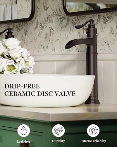 Waterfall Vessel Sink Faucet Brass Single Handle 1 Hole | Bathroom Sink Faucet with Pop Up Drain Without Overflow Oil Rubbed Bronze Tall Bathroom Faucets Homevacious - color: Oil Rubbed Bronze
