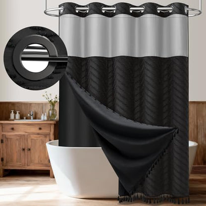 Black Hook Free Chevron Shower Curtain & Fabric Liner,72x87 | Less Time to install, 3 in 1 Fabric Shower Curtain and Liner Set with Magnets, Extra Long, Shower Curtains for Bathroom - color: A Black, size: 72"W x 87"L (Pack of 1)