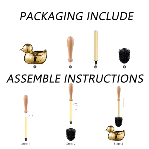 Gold Duck Toilet Brush and Holder Set,Non-Slip Handle Toilet Bowl Brush with Wooden & Stainless SteelHandle, Practical Bathroom Accessories Cleaning Tools Set，1 pcs - color: Gold