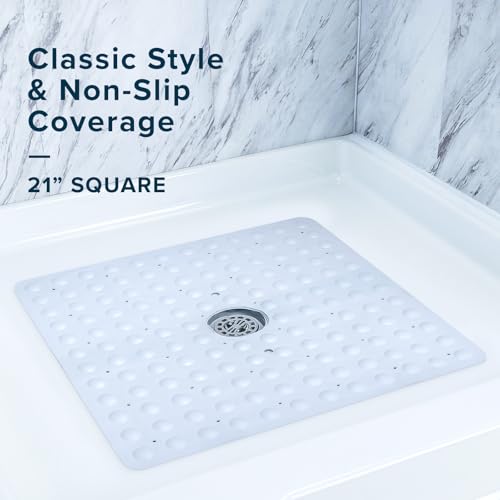 SlipX Solutions 21"x21" Mildew Resistant Non Slip Shower Stall Mat, White | Soft Durable Rubber Underfoot, Product Protection, 140 Power Grip Suction Cups, Center Drain Hole - color: White