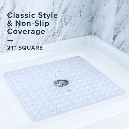 SlipX Solutions 21"x21" Mildew Resistant Non Slip Shower Stall Mat, White | Soft Durable Rubber Underfoot, Product Protection, 140 Power Grip Suction Cups, Center Drain Hole - color: White