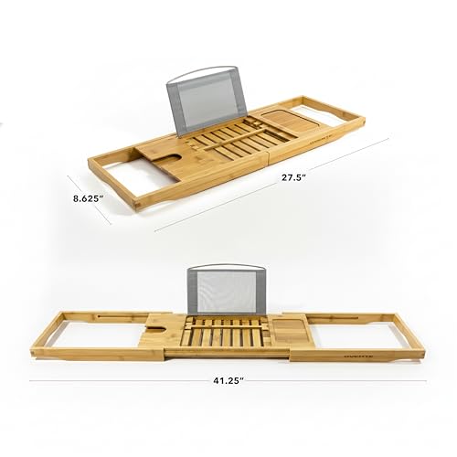 OVENTE Expandable Bamboo Bathtub Tray Caddy, Foldable Bath Tray, BTC20228 | With Book, Tablet, Phone & Wine Glass Holders, Bathroom Accessories & Home Spa Essentials, Easy to Store, Great Gift Idea