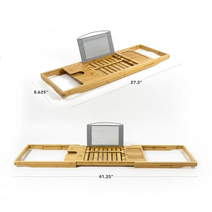 OVENTE Expandable Bamboo Bathtub Tray Caddy, Foldable Bath Tray, BTC20228 | With Book, Tablet, Phone & Wine Glass Holders, Bathroom Accessories & Home Spa Essentials, Easy to Store, Great Gift Idea