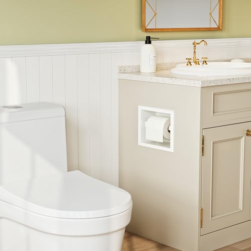Qeke Recessed Toilet Paper Holder 304 Stainless Steel, Matte White | Rustproof Toilet Paper Holder Built-in, in Wall Tissue Paper Holder with Push-to-Open Rod for Bathroom & RV - color: Matte White