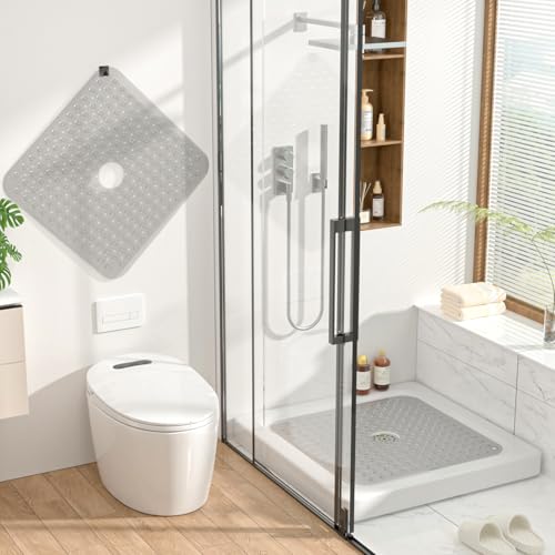 HITSLAM Square Shower Mat, Non Slip PVC Stall Mat, 24"x24", Grey | Power Grip Suction Cups, Center Drain Hole, Built-In Hanging Holes, Machine Washable Bathroom Floor Mat, Soft On Feet - color: Smoke Grey