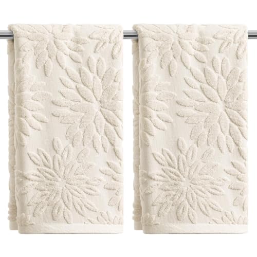 Artoid Mode 2 Pcs Beige 3D Dahlia Floral Jacquard Hand Towels for Bathroom, 100% Cotton Soft Absorbent Bathroom Decor Towels, 13.7 x 29.5 Inch - color: Beige, size: 13.7" x 29.5", 2PCS