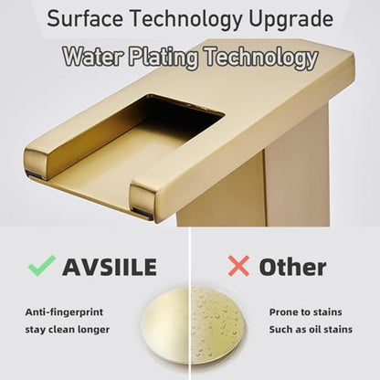 LED Bathroom Faucet 3 Hole, Brushed Gold Waterfall Bathroom Faucets, 8 Inch Widespread Modern Bathroom Sink Faucet, Wide Spread Touch On Three Hole 2 Handle Bathroom Vanity Faucet - color: Brushed Gold