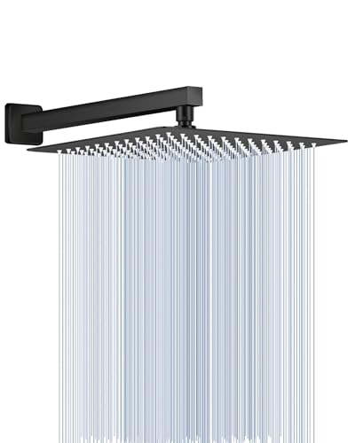 All Metal Matte Black Rainfall Shower Head with Extension Arm, 12" Large Rain Square Showerhead with 16" Long Shower Arm Stainless Steel, 144 Silicone Nozzles Waterfall Full Body Coverage - color: Matte Black