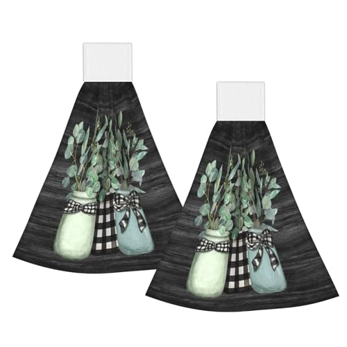 Giwawa Eucalyptus Leaves Kitchen Towels 2 Pack Leaf Vase Soft Dish Cloths with Hanging Loop Fingertip Bath Tie Towel Bathroom Tabletop Decoration - color: Black Leaves Vase