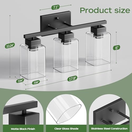 3-Light Bathroom Light Fixtures, Matte Black Modern Vanity Lights, Bathroom Lighting Fixtures Over Mirror, Square Design Farmhouse Wall Sconces with Clear Glass Shades - color: Matte Black, size: 3-Light
