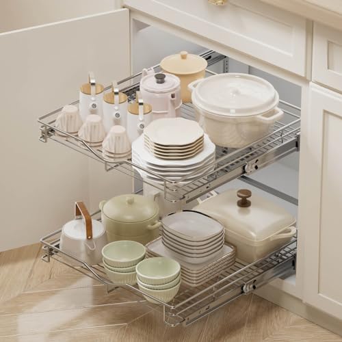 OCG 2 Tier Pull Out Cabinet Organizer (22.5" W x 21.5" D), Pull Out Drawers for Kitchen Cabinets, Pull Out Shelves for Base Cabinet Organization in Kitchen Bathroom Pantry, Chrome Finish - size: 22.5"W x 21.5"D, 2 Tier