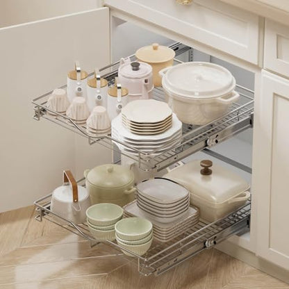 OCG 2 Tier Pull Out Cabinet Organizer (22.5" W x 21.5" D), Pull Out Drawers for Kitchen Cabinets, Pull Out Shelves for Base Cabinet Organization in Kitchen Bathroom Pantry, Chrome Finish - size: 22.5"W x 21.5"D, 2 Tier