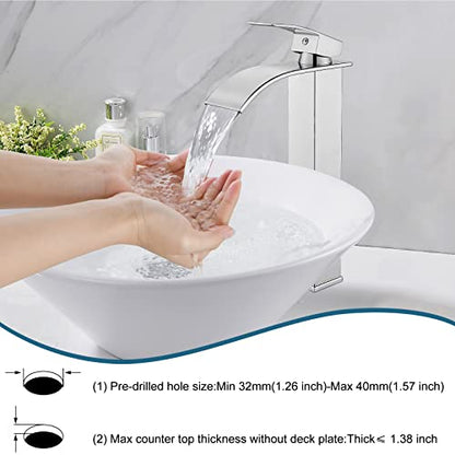Midanya Waterfall Tall Bathroom Vessel Sink Faucet,Polish Chrome | with 24” cUPC Water Hoses,Pop Up Drain without Overflow,for 1 hole Vanity,RV,Lavatory,Bowl,Farmhouse,SUS304,Single Handle - color: Chrome