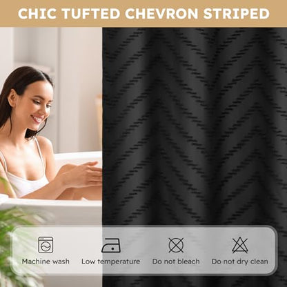 FADOTY Black No Hook Shower Curtain Set with Snap in Liner, 71'' x 74'' | Bathroom Hotel Fabric Curtain, Waterproof Washable Liner, See Through Top Window, Ringless Chevron Tufted Cloth Curtain - color: Black, size: 71"W x 74"L (Pack of 1)