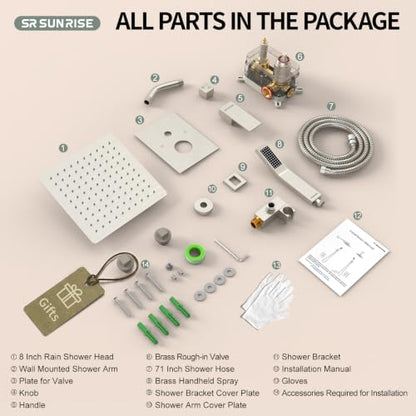 SR SUN RISE Shower Faucet Set - Shower Valve with 8 Inch Rainfall Shower Head and Handheld Shower - Wall Mounted Shower System with Rough In Valve and Shower Faucet Trim Repair Kits - Brushed Nickel - color: Brushed Nickel, size: 8 Inch