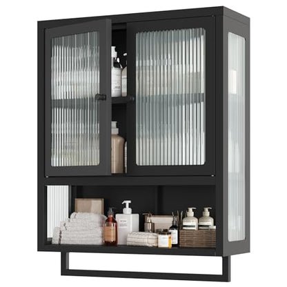 Bathroom Wall Cabinet, Over The Toilet Space Saver Storage Cabinet, Medicine Cabinet with 2 Glass Door and Towel Bar, Metal Wall Mounted Cabinet for Bathroom Laundry Room Kitchen - color: Upgraded Black