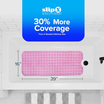 SlipX Solutions 39x16 Extra Long Non Slip Bath Mat, Tub & Shower, Pink | Anti Slip Mat for Elderly & Kids Bathroom, 30% More Coverage, 200 Suction Cups, Hundreds of Drain Holes - color: Translucent Pink