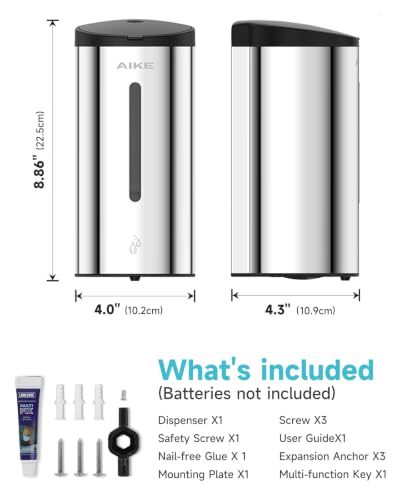 AIKE Classic Automatic Soap Dispenser,25oz for Commercial,Polished AK1205E | 5-Level Adjustable and Savety Key for Commercial(4*AA Batteries Not Included),No-drill and Screw Wall Mount for Space-Saving - color: Polished Stainless Steel