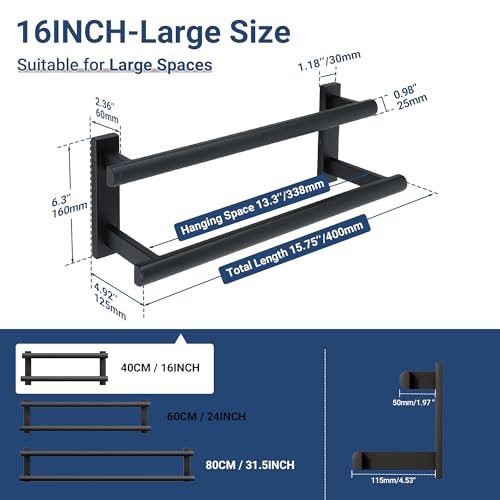 SAYAYO Towel Rack for Bathroom, 16 Inch Matte Black Double Towel Bar Towel Holder Wall Mount, SUS304 Stainless Steel - color: Matte Black, size: 16 Inch