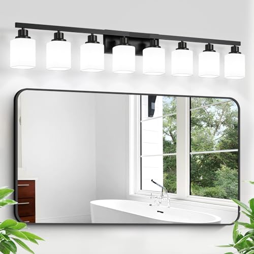 8 Light Bathroom Vanity Light,Modern Matte Black Bathroom Light Fixtures Over Mirror with Square Frosted Glass,Wall Sconces for Restroom,Living Room Hallway E26 - color: Black, size: 8-Light