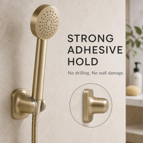 Hand Held Shower Head Holder, Adhesive Showerhead Bracket, Angle Adjustable Shower Wand Holder Wall Mounted, Brushed Gold - color: Brushed Gold