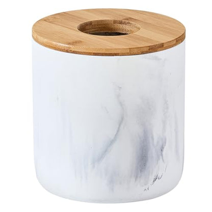 Polytree Marble White Mini Trash Can with Bamboo Lid,Small Countertop Trash Can,Desk Trash Can,Table top Mini Garbage Cans,Resin Tiny Waste Basket - color: Mini White