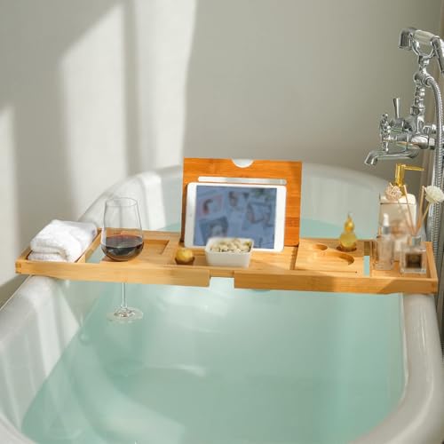 Bathtub Caddy Tray, Bamboo, Waterproof, Expandable | Adjustable shelf, fits over tub, holds book/tablet/wine glass, easy to clean