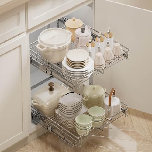 DINDON 2 Tier Pull Out Cabinet Organizer (17" W x 18" D) Heavy-Duty Metal Sliding Drawer Shelf, Two Tier Pull Out Shelves for Kitchen Cabinets, Pantry, Bathroom, Chrome Finish - size: 17" W X 18" D