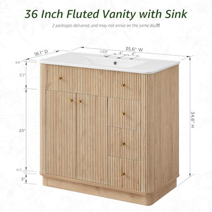 T4TREAM 36" Fluted Bathroom Vanity with Single Sink, Natural Oak | Integrated Ceramic Sink, Large Storage Cabinet, Adjustable Shelf, 3 Drawers, Three pre-drilled faucet holes, Mid-Century - color: Natural Oak, size: 36" (Single Sink)