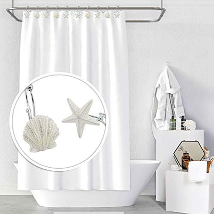 BEAVO Seashell Shower Curtain Hooks,12 Pcs Double Roller Glide Rust-Resistant Stainless Steel Decorative Shower Curtain Rings for Bathroom, Baby Room, Bedroom, Living Room Decor (White)