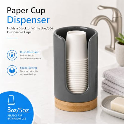 Ceramic Bathroom Cup Holder, 3-5 oz Cup Dispenser, Grey | Disposable Paper & Plastic Bathroom Cups Holder - Mouthwash Cups Dispenser for Bathroom, Guest Toiletries, Countertop, Coffee - color: Grey