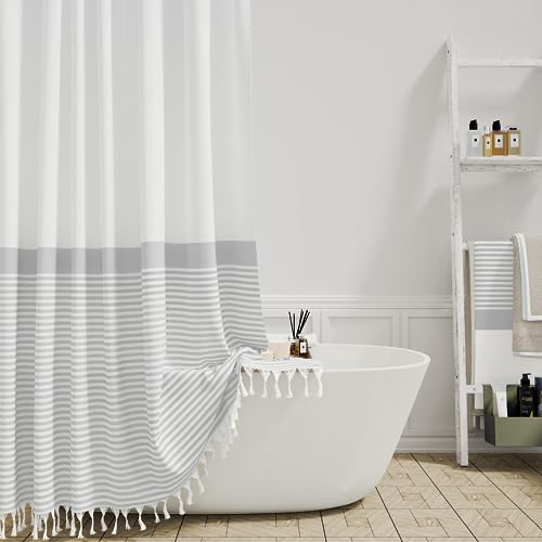 78 Inches Long Shower Curtain, Farmhouse Boho Striped Fabric Tassel Shower Curtains for Bathroom, Tall Bohemian Textured Waterproof Cloth Shower Curtain Set with Hooks, Grey, 72x78 - color: Grey, size: 72"W x 78"L (Pack of 1)