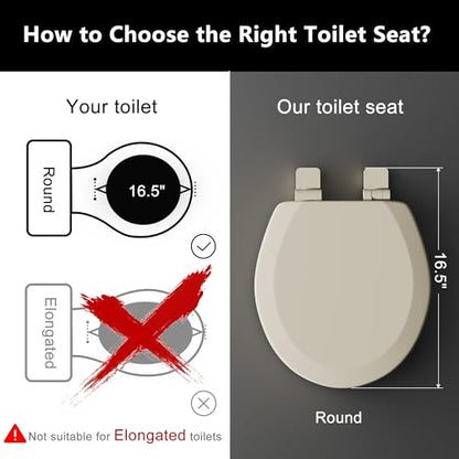 Angol Shiold Slow Close Wood Toilet Seat（Bone, Round 16.5''） | Durable enameled wood round toilet seat, adjustable non-slip hinges, anti-pinch bumpers, easy to install and clean