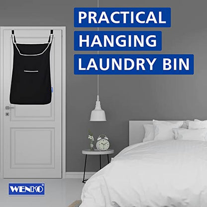 WENKO Laundry Hamper Bag Hanging, Over The Door Basket with Hooks, for Bathroom, Closet, Space Saving Storage, Wall mounted 3.94 x 20.47 x 31.89 in, Black - color: Black