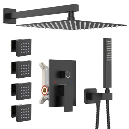 Iriber Mattle Black Square Rain Shower System with 4 PCS Body Jets 3 Function Shower Faucet Set Contain 12 Inch Shower Head and Handheld Wall Mounted Pressure Balance Shower Trim Kit (Valve Included) - color: Matte Black 03