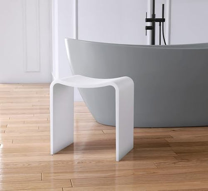 Matte White Shower Bench, Modern Solid Surface Bathroom Stool | Heavy-Duty Waterproof Chair Seat for Inside Showers and Outdoor Use, 400 lbs Capacity - Non-slip - color: White Curved