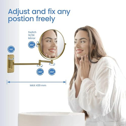 Circular Wall Mount Makeup Mirror, Dual-Sided 1x/5x Magnifying Mirror with Extendable Arm, 360° Swivel, Solid Brass Construction for Durability and Style (Brushed Brass - KMM100) - color: Brushed Brass